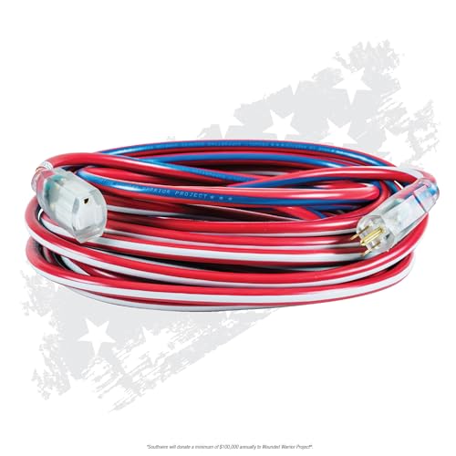 Southwire Heavy Duty Extension Cord, 50Ft, 12 Gauge, 3 Conductor, Outdoor Cord, Lighted End, SJTW, Red/White/Blue, 2548SWUSA1