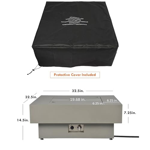 32.5-inch Fire Table with Natural Gas Conversion Kit, 50,000BTU Outdoor Modern Patio Fire Pit Table w/Square Burner Lid, Glass Rocks, Cover
