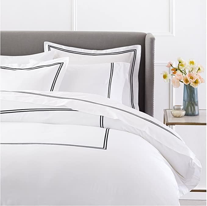 BedDecor Luxury Soft Brushed 400-Thread-Count Egyptian Cotton Embroidered Duvet Cover Set with Beautiful 2-Stripe Embroidery - (Black, Twin)