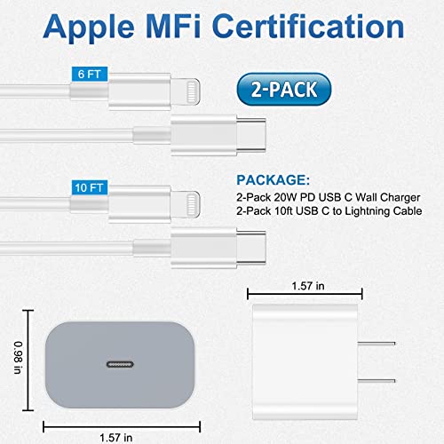 iPhone Charger Fast Charging 2 Pack Type C Wall Charger Block with 2 Pack [6FT&10FT] Long USB C to Lightning Cable for iPhone 14/13/12/12 Pro Max/11/Xs Max/XR/X,AirPods Pro