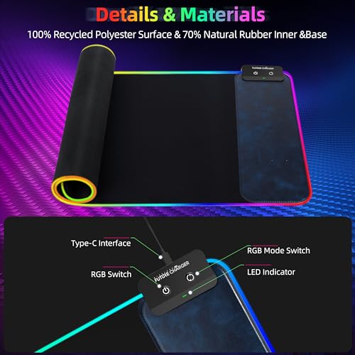 RGB Gaming Mouse Pad with Wireless Charging 10W - 31.5"x11.8" X-Large Desk Mat for Laptop/PC/Keyboard, 9 Light Modes, Non-Slip Rubber Base, Waterproof, Black