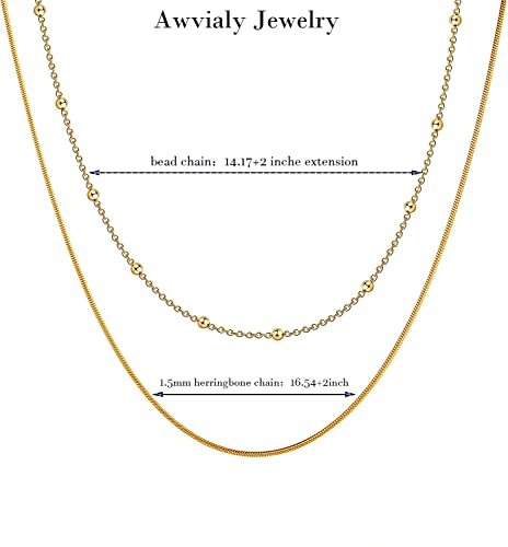 Awvialy Layered Gold Necklaces for Women 14k Gold Plated Beaded Herringbone Necklace Simple Layering Gold Chain Choker Necklaces for Women Cute Dainty Gold Necklace Trendy Gold Jewelry for Women