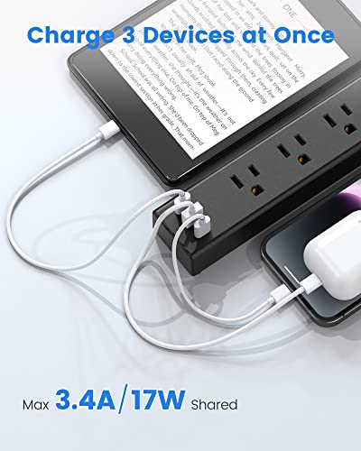 HOPOW Flat Plug Power Strip, 6 Ft Ultra Thin Extension Cord, Surge Protector with 5 Outlets & 3 USB Ports (2 USB C), 1700 Joules, Wall Mount, Desktop Charging Station for Home Office Dorm, Black