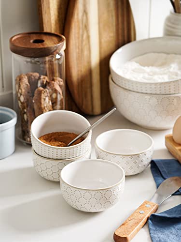 LE TAUCI Small Bowls 7 OZ, Ceramic Embossment Stoneware Bowl for Dipping, Side Dish, Sauce, Appetizer, Dessert, Sushi, Suit For House-warming - 3.5 inch, Set of 4, Arctic white
