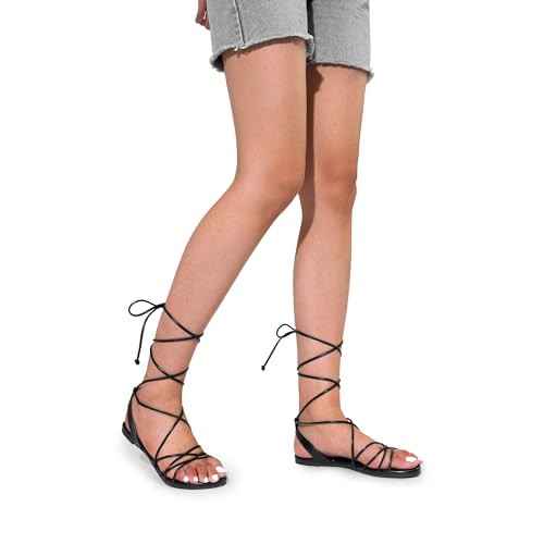 DREAM PAIRS Women's Flat Sandals Strappy Comfortable Dressy Summer Lace-Up Gladiator Sandals,Size 6,BLACK,SDFS2408W