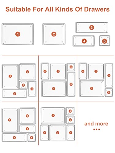 SMARTAKE 13-Piece Drawer Organizer with Non-Slip Silicone Pads, 5-Size Desk Drawer Organizer Trays Storage Tray for Makeup, Jewelries, Utensils in Bedroom Dresser, Office and Kitchen (Clear)