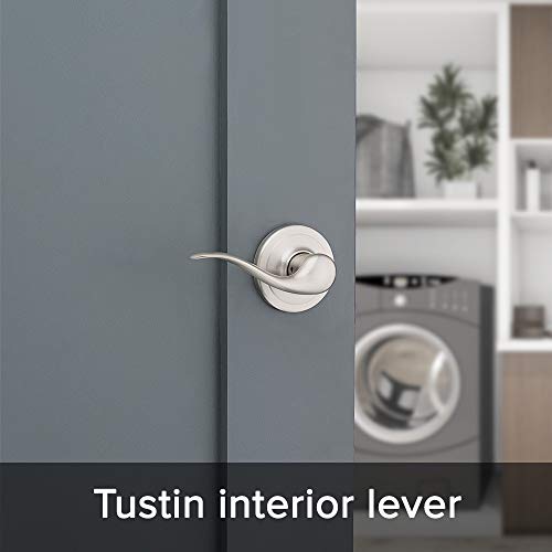 Kwikset Prescott Front Door Handle No Lock, Entry Handleset Exterior with Interior Reversible Handed Lever, Non-Locking, Satin Nickel, Deadbolt Not Included, with Microban Protection