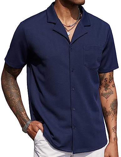 COOFANDY Mens Untucked Short Sleeve Button Up Shirt Wrinkle-Free Business Casual Dress Shirts Stretch Slim Fit Tops Blue