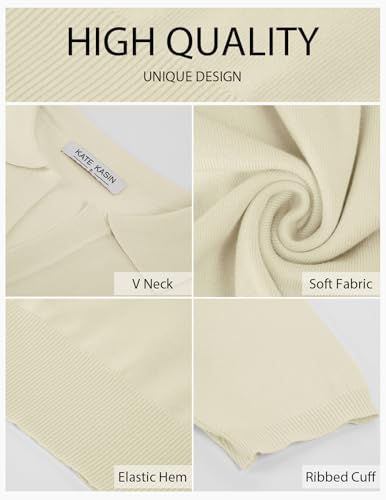 Kate Kasin Women Summer Color Block V Neck Knitted Polo Sweaters Tops Short Sleeve Shirt Casual Pullover Sweater Light Green M