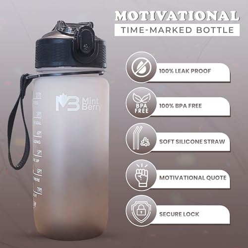 Mint Berry 2 Pack Bundle 20 Oz/Kid Water Bottle with Motivational Time Marker Straw Leakproof BPA Free Reusable Easy Carry Handle Strap For School All Day Drink & Sports Activities (Blue & Grey Black)