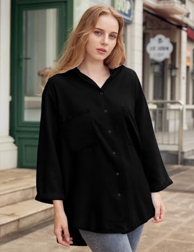 Yimoon Womens Denim Shirt Chambray Blue Button Down Jean Shirt Denim Tops Soft Tencel Casual 3/4 Sleeve Jacket(Black-S)