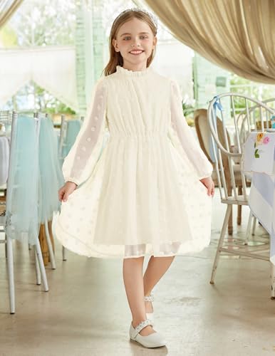 Flypigs Tween Girls Long Sleeve Fall Dresses Swiss Dot Casual Party Dress Hot Pink 7-8Years