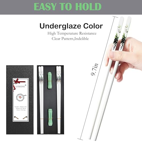 Porcelain Chopsticks and Porcelain Holder,2 Pairs Reusable Chopsticks with Delicate box, Washable and Dishwasher Safe, Ceramic Chopsticks Chinese Japanese Korean Classic Stylish(Green Bamboo)