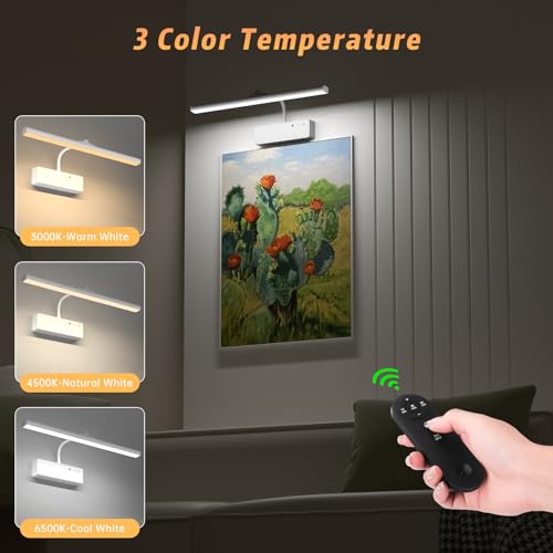 Picture Light with Remote, 15.35inch Wireless Rechargeable Battery Wall Light for Paintings, 3 Colors Paintings Light Dimmable and Timer Metal Art Light for Display, Wall, Artwork, Gallery (White)