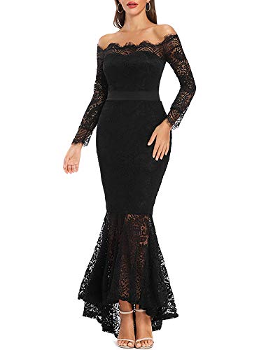 LALAGEN Women's Floral Lace Long Sleeve Off Shoulder Wedding Mermaid Dress Black S