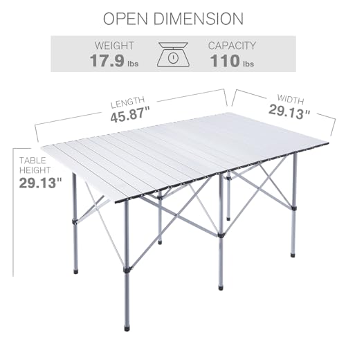 EVER ADVANCED Camping Table, Fold up Lightweight, 4-6 Person Portable Roll up Aluminum Table with Carry Bag for Outdoor, Support Up to 110LBS, Black