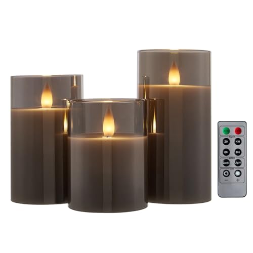 CozierGlow Glass Wax Flameless Pillar Candles Flickering with Remote Timer, Battery Operated LED Candles up to 400 Hours,3D Moving Flame Candles, Set of 3, D3 x H4, 5", 6",Remote Included (Gray).
