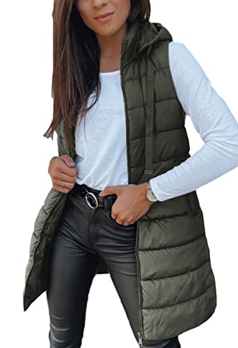 Veatzaer Women Long Vest Solid Color Sleeveless Hood Winter Puffer Vest Outwear