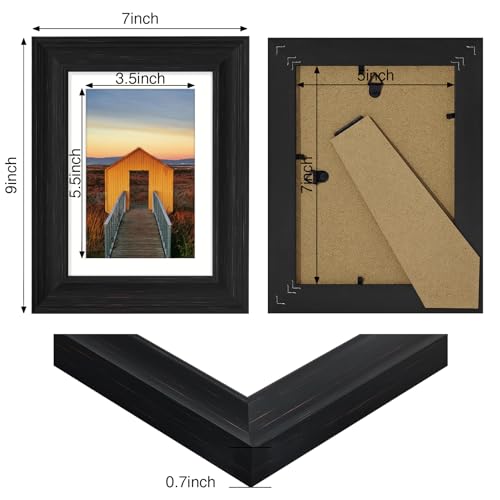 Vittanly 4x6 Picture Frames Set of 2, Display 3.5x5 Pictures with Mat or 4x6 without Mat, Rustic Picture Frames for Wall Mount or Tabletop Display, Photo Frame Collage for Wall Decor, Black