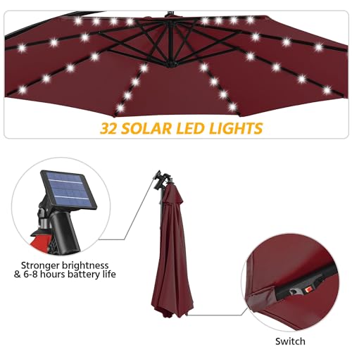 Yaheetech 10FT Solar Offset Umbrella with 32 LED Lights Cantilever Hanging Outdoor Umbrellas Handy Crank & Cross Base for Lawn/Deck/Backyard/Pool Burgundy