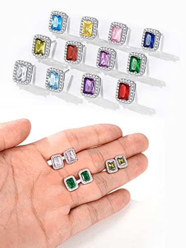 ChicSilver 925 Sterling Silver Birthstone Stud Earrings for Women, Hypoallergenic Emerald Cut Created Red Ruby Halo Stud Earrings 7MM July Birthday Jewelry Gift