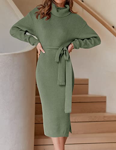 ZESICA Women's Turtleneck Sweater Midi Dress Long Sleeve Ribbed Knit Bodycon Slit Dress with Belt,Lake,Large