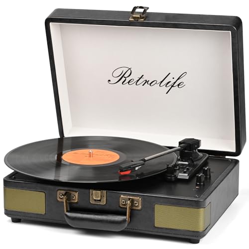 Retrolife Record Player 3 Speed Bluetooth Portable Suitcase Vinyl Player with Built-in Speakers Turntable Enhanced Audio Sound PU Leather Vintage Black