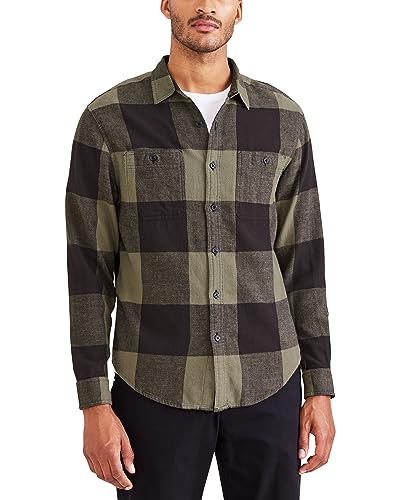 Dockers Men's Regular Fit Long Sleeve Two Pocket Work Shirt, Black Bean-Davis (Flannel), Small