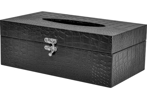 JUMBO DECOR Crocodile Leather Tissue Box Cover with Clasp – Modern Elegant Black Tissue Box Holder for Bathroom, Bedroom, and Living Room – Kleenex Box Covers in Rectangle Shape