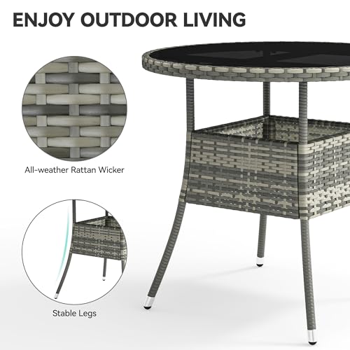 YITAHOME 31.5" Patio Table for 4-Person, Outdoor Patio Wicker Round Dining Table, All-Weather Rattan Bistro Dining Table w/Glass Tabletop for Backyard Deck Porch Poolside, Gray