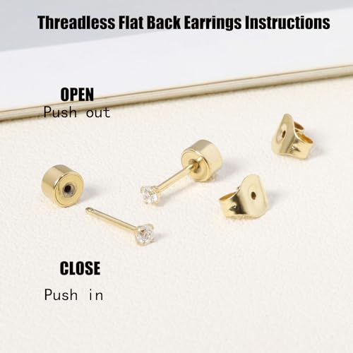 Dainty Threadless Flat Back Earrings, Surgical Steel Flat Back 2mm Stud Earrings in 14K Gold Plated Hypoallergenic | Cartilage Earring | Helix Piercing Jewelry | Push in Flat Back Earrings for Women