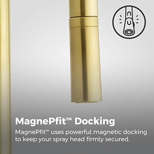 Pfister Zanna Kitchen Faucet with Pull Down Sprayer and Soap Dispenser, Single Handle, High Arc, Brushed Gold Finish, F5297ZNRBG