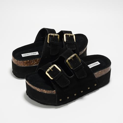 Project Cloud Platform Sandals Women, Genuine Leather Footbed Wedge Sandals for Women 2024, Comfortable Non-Slip Womens Sandals Platform Heels Womens Footwear (Oliy, BLK, 6)