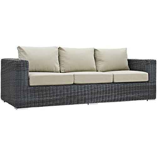 Modway Summon Wicker Rattan Outdoor Patio Sunbrella Sofa in Canvas Antique Beige