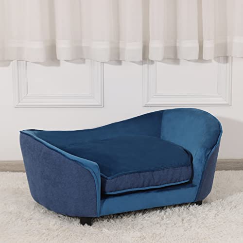 Pet Sofa Bed/Velvet & Linen Fabric Pet Couch with Removeable & Washable Cushion for Small Dogs & Cats (Blue)