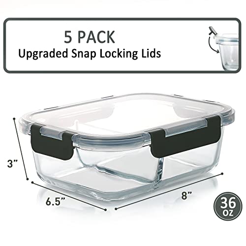 M MCIRCO [5-Pack,36 Oz] Glass Meal Prep Containers 2 Compartments Portion Control with Upgraded Snap Locking Lids Glass Food Storage Containers, Microwave, Oven, Freezer and Dishwasher (4.5 Cups)