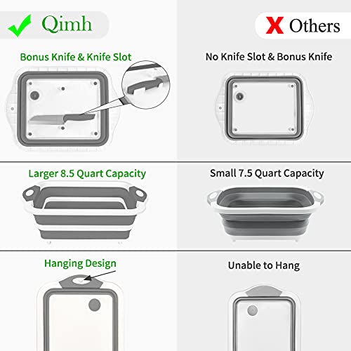 QiMH Collapsible Cutting Board, 8L Foldable Space Saving Multi-function Kitchen Dish Tub and Camping Sink, Washing and Draining Veggies Fruits Storage Basket for Picnic, BBQ Food Prep and Camping