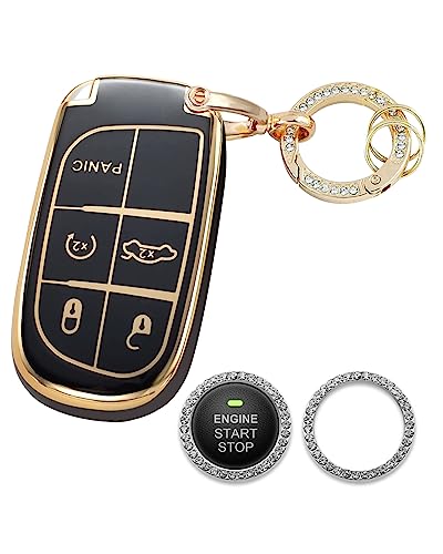 Homaupt for Jeep Key Fob Cover Compatible with Jeep Grand Cherokee Compass Challenger Charger Durango Journey Renegade 3 4 5 Buttons, Soft TPU Key Shell Protection Case with Bling Ring Car Black