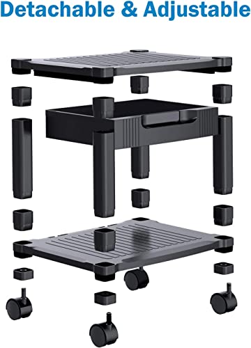 HUANUO Printer Stand with Cable Management and Storage Drawer, Printer Table with Locking Wheels, 14.1-inch Maximum Height Printer Cart for Under Desk, Home, Office, HNDPS