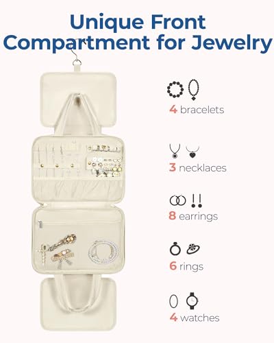 BAGSMART Travel Toiletry Bag with Jewelry Organizer, Hanging Travel Bag for Toiletries, Puffy Makeup Cosmetic Bag Organizer, Carry-on Travel Accessories Essentials, Beige-L