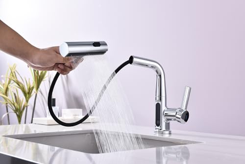 Pirooso Bathroom Faucet with LED Temperature Display, Liftable Bathroom Faucet with Pull Down Sprayer, Waterfall Rainfall Faucet for Bathroom Sink, Single Handle Faucet for Bathroom and Kitchen Chrome