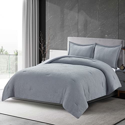 Chezmoi Collection Wilmer 3-Piece Waffle Weave Comforter Set - Soft and Cozy All Season Bedding Set, Full, Gray