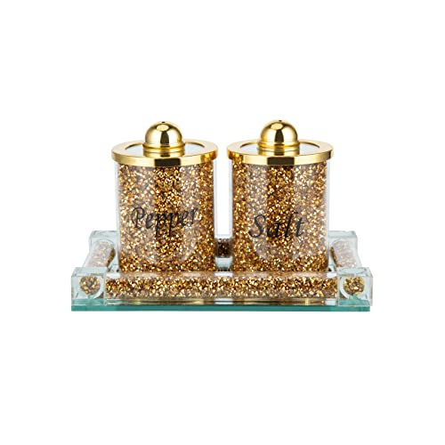 Crushed Diamond Pepper Salt Shakers Storage Container Pots Jars Set with Mirror Tray 3PCS Kitchen Canisters for Home Decor (Gold)