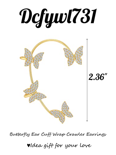 Dcfywl731 Zircon Butterfly Earrings for Women Butterfly Ear Cuff Wrap Crawler Earrings,Butterfly No Piercing Ear Clip Earrings Wrap Around Earrings