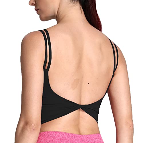 Aoxjox Women's Workout Sports Bras Fitness Padded Backless Yoga Crop Tank Top Twist Back Cami (Bottle Green, Medium)