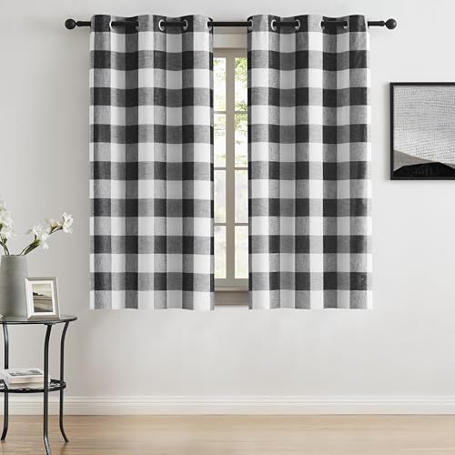Short Black White Buffalo Plaid Full Blackout Window Curtains with Liner Farmhouse Checkered Geo Pattern Panels Linen Textured Drapes Grommet Window Treatment for Bedroom,Living Room,40"x63"x2