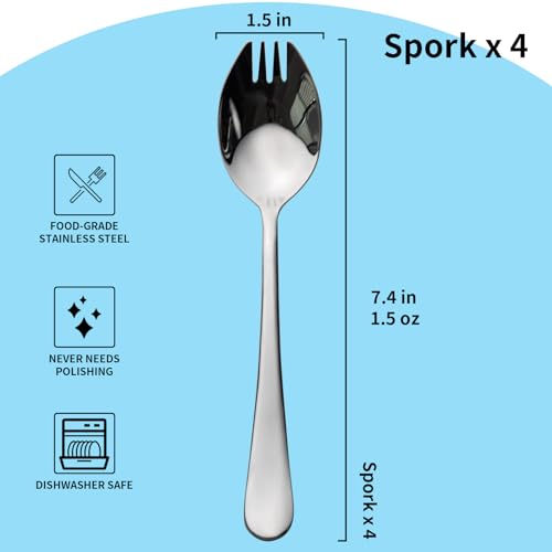 Alata Sporks, 4-Pack Food-grade Stainless Steel Sporks, 7.4 Inches Long Handle Salad Forks For Dessert, Ice Cream, Salad, Soup, Noodle, Spaghetti, Dishwasher Safe