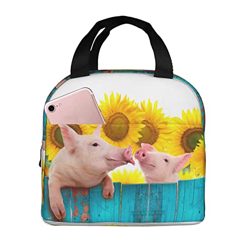 VOOHDDY Funny Pig Sunflower Wood Insulated Lunch Bag For Men Women Reusable Lunch Box Container Waterproof Portable Cooler Thermal Tote Bag For Work Office Picnic Beach Travel