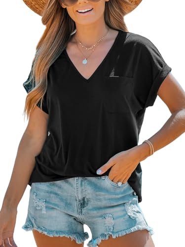 CUPSHE Women Tops Onyx V-Neck Short Sleeve Tee Front Pocket Shirt Solid Tee Casual Dressy XS