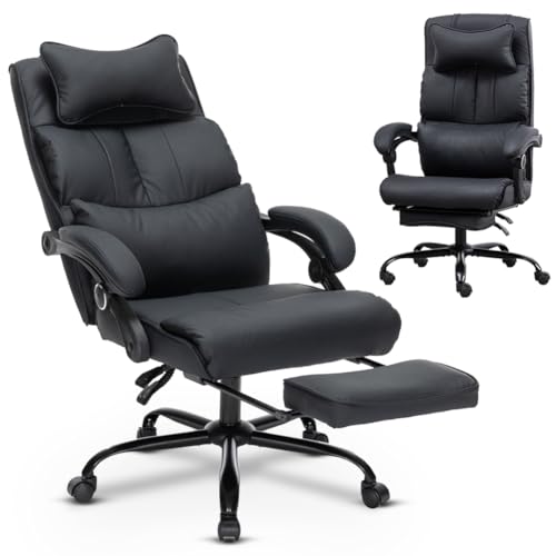 HousePrint Reclining Office Chair with Foot Rest PU Leather Chair with Footrest High Back Home Office Desk Chair with Back Support Ergonomic Office Chair - Not Springy Recline (Black)